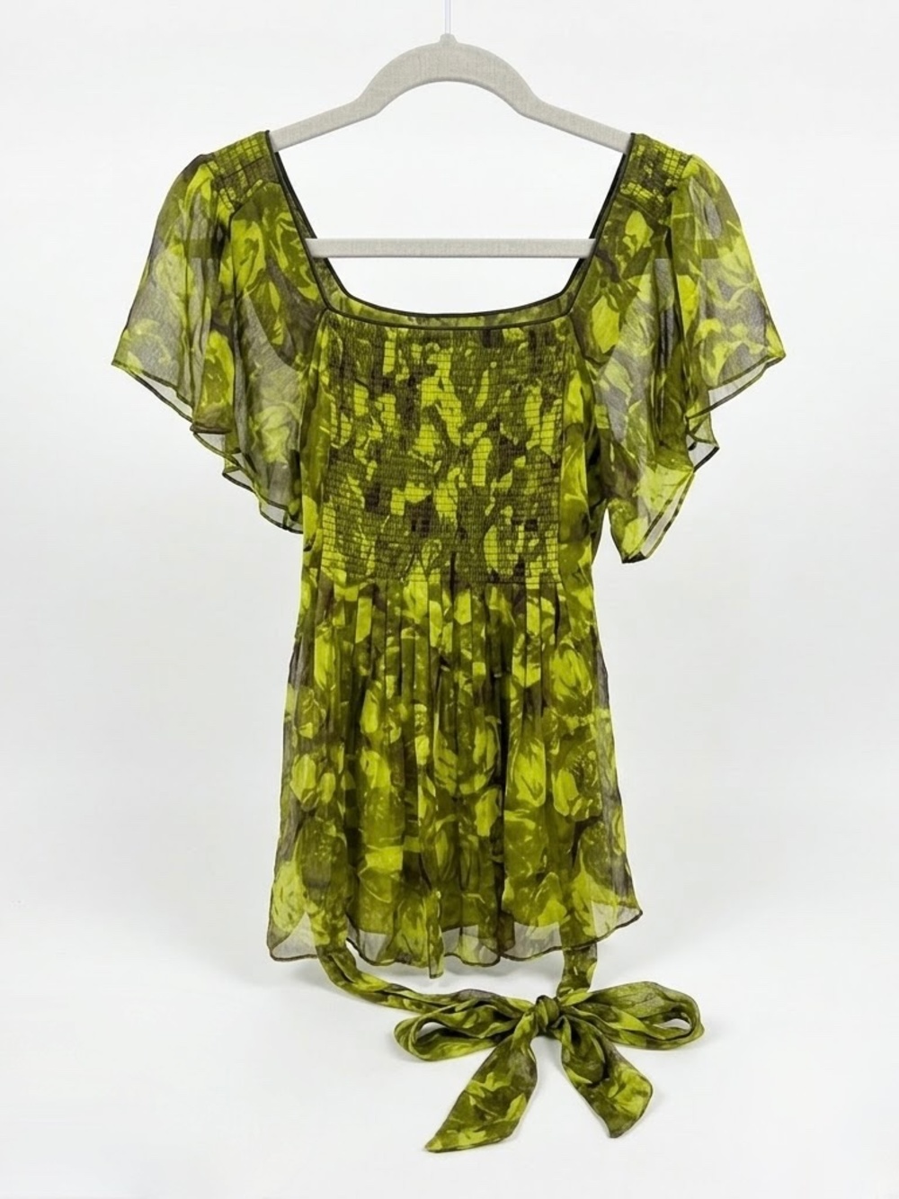 Kenar Women’s Silk Blouse Size S Green Brown Floral Flutter Sleeve Tie Back Top